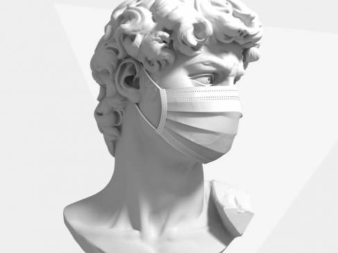 Hoofd van David standbeeld met een medisch mondmasker, zwart wit foto