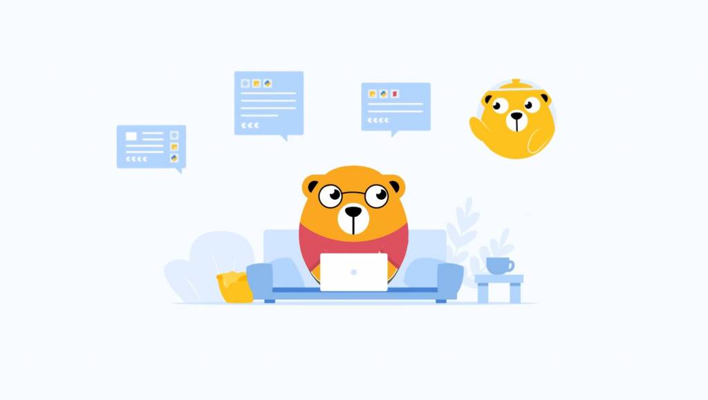Bedrijfsanimatie beer achter laptop