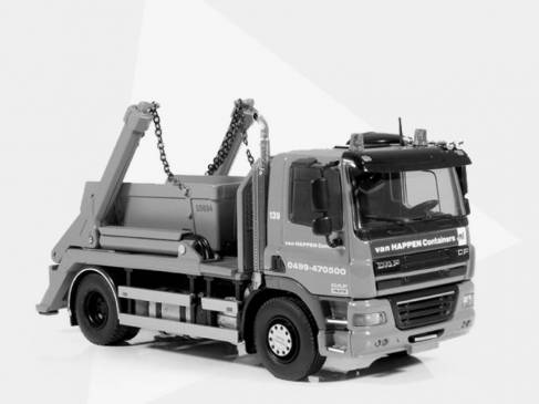 Schaalmodel van een containerwagen van HAPPEN Containers, zwart wit foto