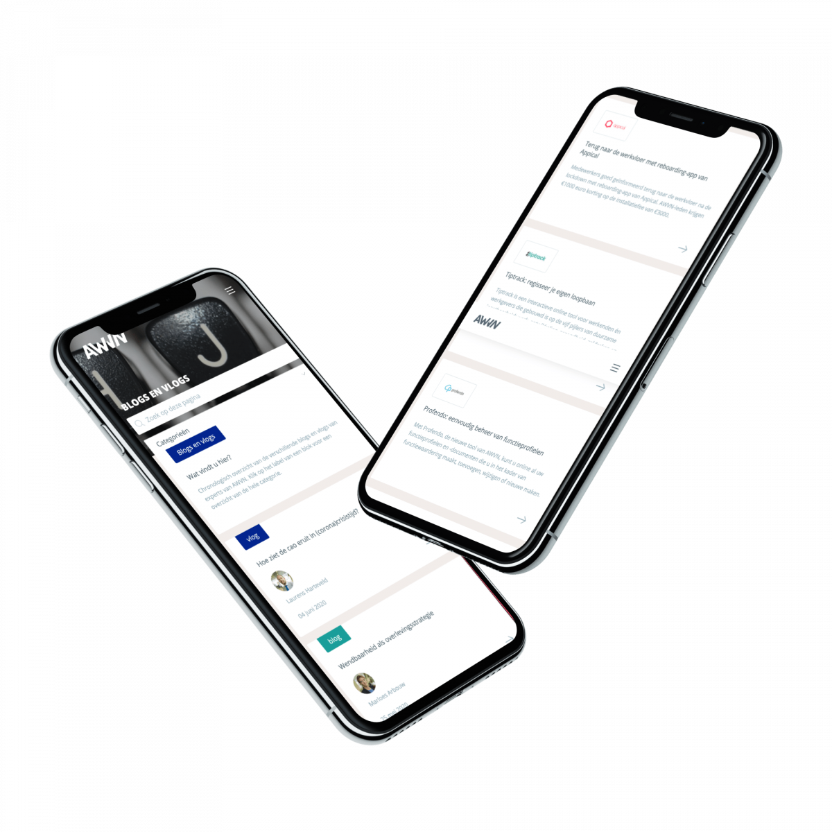 Twee telefoons met de website van AWVN